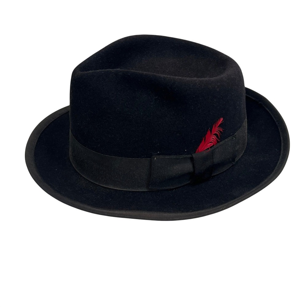 Vintage Dorfman Pacific Morfelt Black Wool Felt Fedora Hat Red Feather Trim